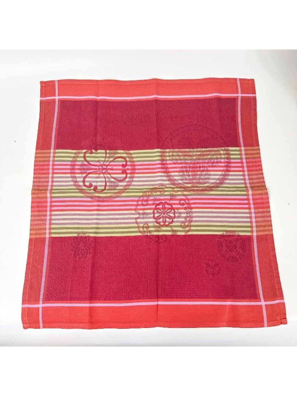 Le Jacquard Francais Red Burgundy Green Circles Asian Square Napkin 21x21